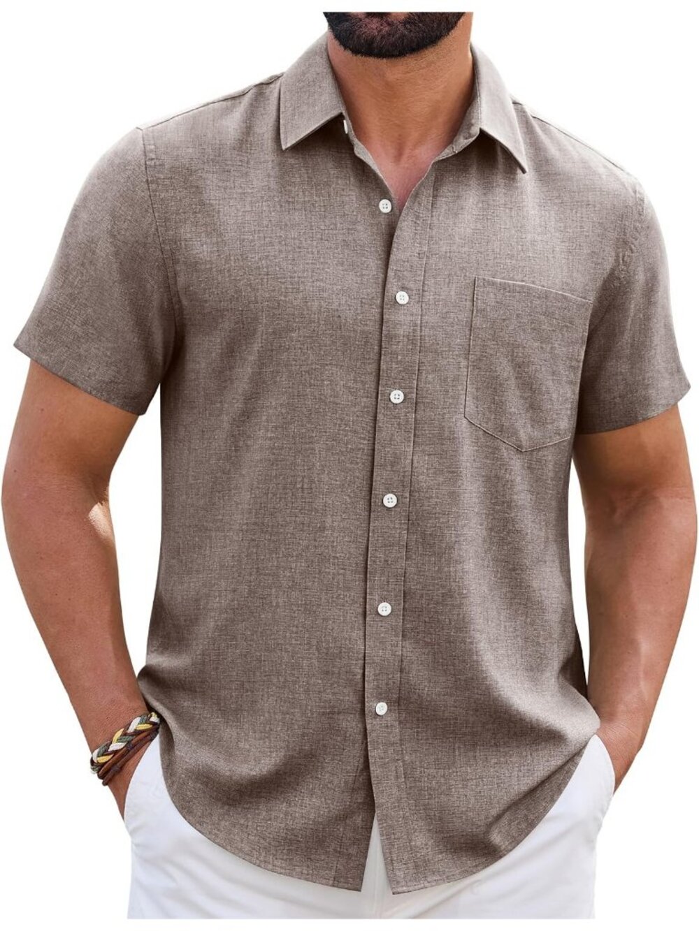 Men's Short Sleeve Linen Brown Wrinkle Free Casual Beach Button Down Shirt